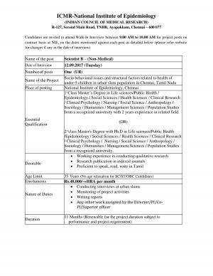 ICMR - NIE, Chennai Recruitment 2017 for 04 Scientist B and Project Assistant Posts