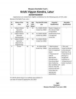 KVK, Latur Recruitment 2017 for 04 Subject Matter Specialist and Driver Posts