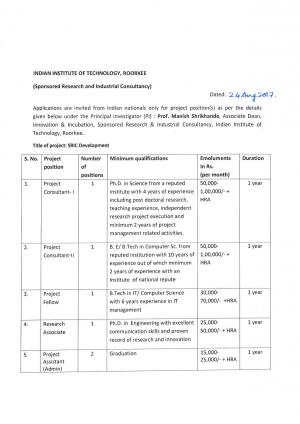 IIT Roorkee Recruitment 2017, Apply for Project Consultant, RA and Other Posts 