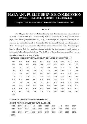 Examresult HPSC HCS Judicial Branch Main Exam 2012