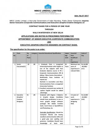 NBCC Ltd Recruitment 2017, vacancies for Senior Executive and Executive (Graphic) Posts