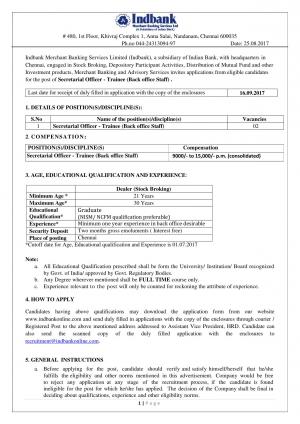 Indbank Recruitment 2017 for 2 Secretarial Officer (Trainee) Posts