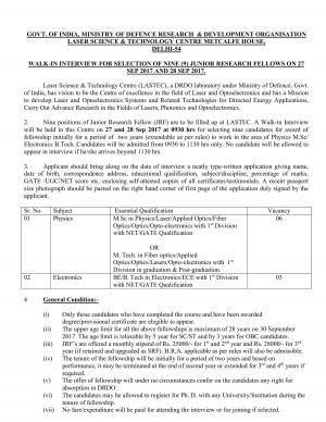 DRDO LASTEC Recruitment 2017 for 9 JRF Posts