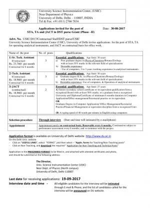USIC Recruitment 2017 for 08 Sr. Tech. Assistant and Post
