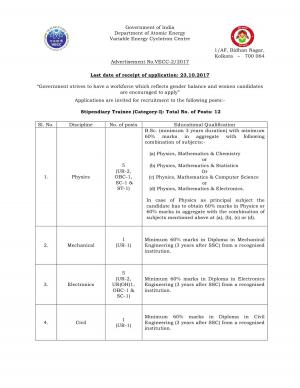 VECC Recruitment 2017, 43 vacancies for Stipendiary Trainee and Other Posts 
