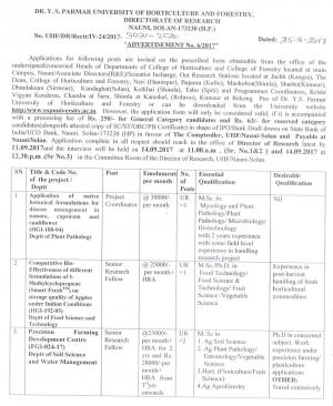 YS Parmar University Recruitment 2017, 4 Vacancies for Project Coordinator and SRF Posts