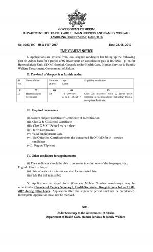STNM Hospital, Gangtok Recruitment 2017, Apply for Haemodialysis Technician Posts