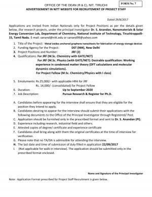 NIT, Tiruchi Recruitment 2017 for Junior Research Fellow and Project Fellow Posts