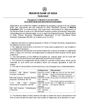 RBI Notified Recruitment for Medical Consultant Posts 2013