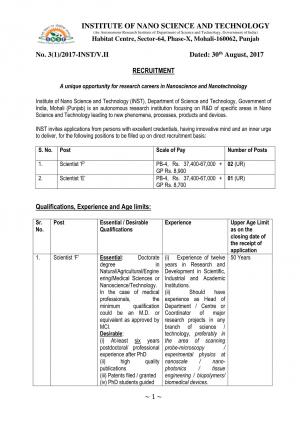 INST Recruitment 2017, Apply for Scientist E/F Posts