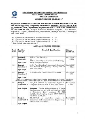 CSIR IIIM Recruitment 2017, 52 Vacancies for Project Assistant and Research Associate Posts
