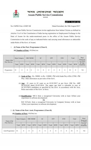 APSC Recruitment 2017 for 2 Programmer and Assistant Programmer Posts