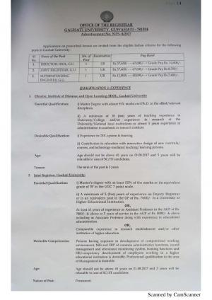 Gauhati Unviersity Recruitment 2017 for 3 Director, Joint Registrar and Other Posts