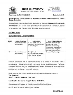 Anna University Recruitment 2017, Vacancies for Assistant Professor Posts