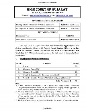 High Court of Gujarat Recruitment 2017 for 46 Deputy Section Officer Posts