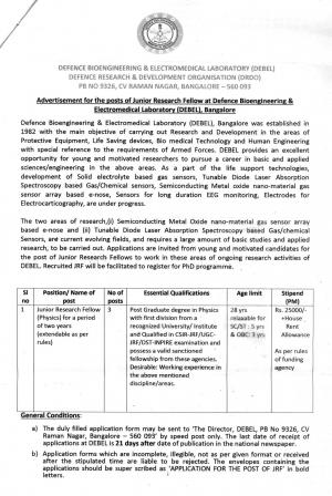 DEBEL, DRDO Recruitment 2017 for 03 JRF Posts 