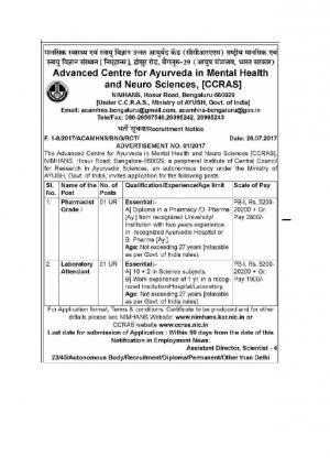 NIMHANS Recruitment 2017, Apply for Pharmacist and laboratory Attendant Posts 