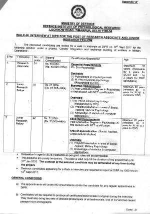 Ministry of Defence Recruitment 2017, Apply for Research Associate and JRF Posts