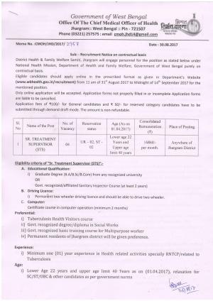 CMOH, WB Recruitment 2017 04 Sr. Treatment Supervisor Posts 