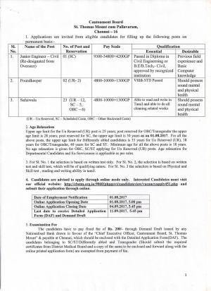Cantonment Board, Chennai Recruitment 2017, Apply for 26 Junior Engineer and Other Posts