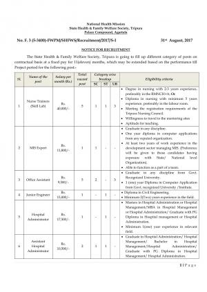 NHM Tripura Recruitment 2017, 369 Vacancies for Staff Nurse, MPW, and Other  NHM Tripura Recruitment 2017, 369 Vacancies for Staff Nurse, MPW, and Other  