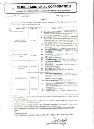 Siliguri Municipal Corporation Recruitment 2017, Apply for 17 Asst. Engineer and Other Posts