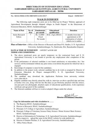 SDAU Recruitment 2017 for 07 Junior Research Fellow Posts