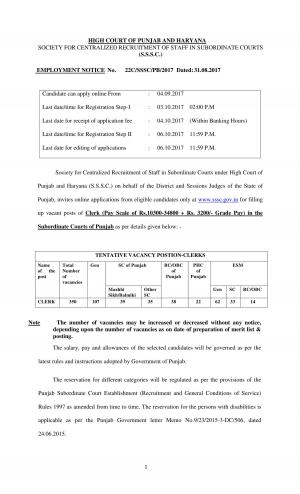 High Court of Punjab & Haryana Recruitment 2017 for 350 Clerk Posts; Apply before 03 October 