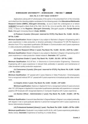 Dibrugarh University Recruitment 2017 for 24 Cameraman & Other Posts 