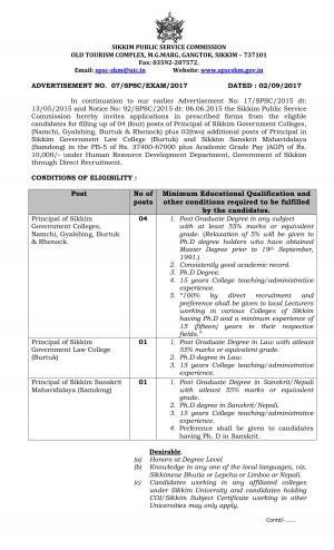 Sikkim Public Service Commission Recruitment for 7 Principal Posts