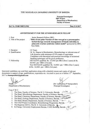 MSU Baroda Recruitment 2017, 3 Vacancies for Junior Research Fellow (JRF) Posts