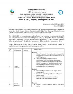 ESSO NCESS Recruitment 2017,73 Vacancies for Project Assistant ,Project Scientist and Other Posts