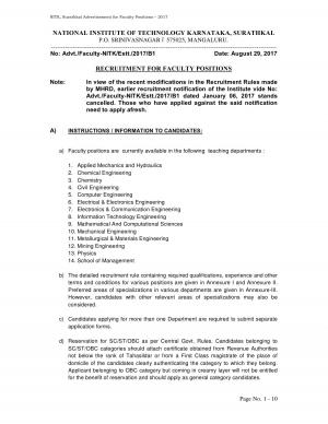 NIT, Karnataka Recruitment 2017 for 19 Faculty Posts 