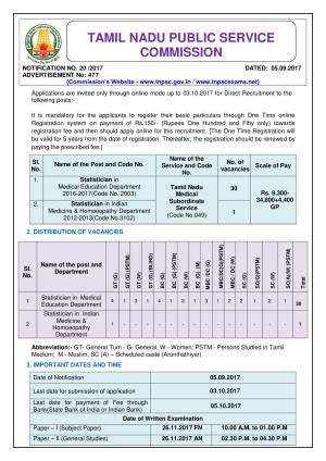 TNPSC Recruitment 2017 for 31 Statistician Posts 