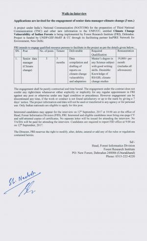 ICFRE Recruitment 2017, Apply for Senior Data Manager (Climate Change) Posts