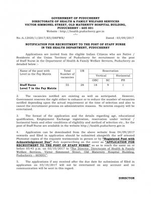 DHFWS Pondicherry Recruitment 2017, 55 Vacancies for Staff Nurse Posts  
