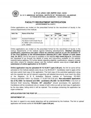 NIT, Jalandhar Recruitment 2017 for 67 Assistant Professor Posts 