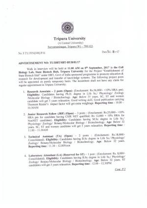 Tripura University Recruitment 2017 for 23 JRF, RA and Other Posts