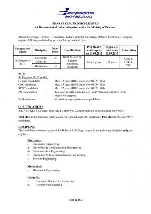 BEL Recruitment 2017 for 08 Sr.Engineer / E-III Posts 