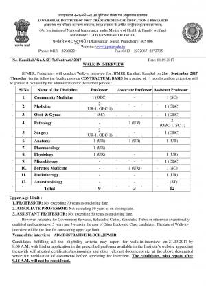 JIPMER, Puducherry Recruitment 2017 for 24 Faculty Posts
