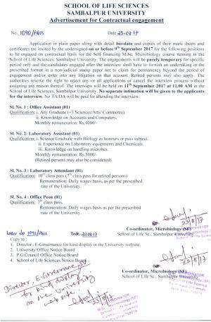 Sambalpur University Recruitment 2017 for 4 Laboratory Attendant/Assistant and Other Posts