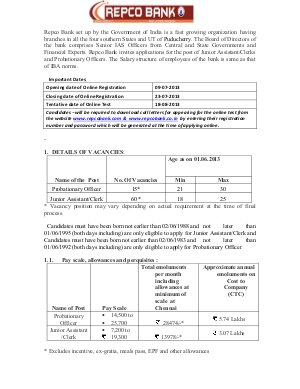 Repco Bank Notified Recruitment 2013 for Probationary Officers and Junior Assistant/Clerks Posts