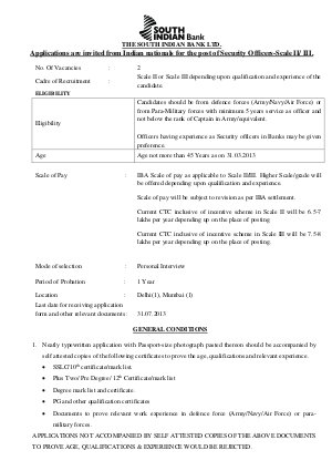 Notification Application form South Indian Bank Security Gaurd Posts
