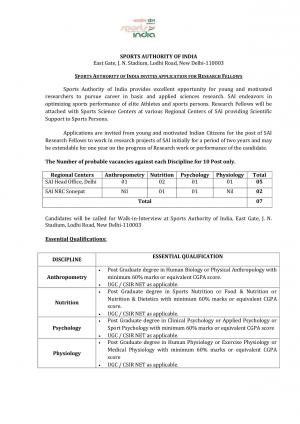 Sports Authority of India Recruitment 2017 for 15 Research Fellow & Other Posts 