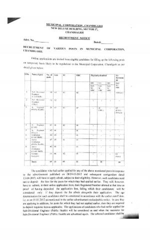 Municipal Corp, Chandigarh Recruitment 2017, 69 Vacancies for Jr Engineer, Draughtsman and Other 