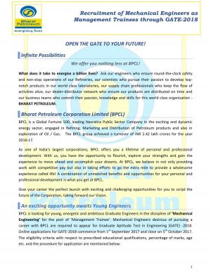 BPCL Recruitment 2017, Apply for Management Trainee Posts through GATE 2018 
