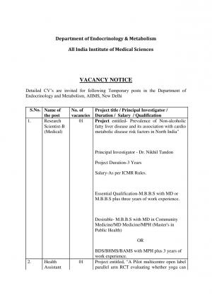 AIIMS, Delhi Recruitment 2017 for 2 Research Scientist-B and Health Assistant Posts