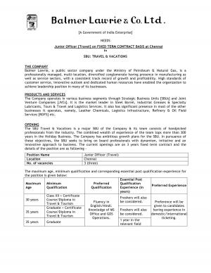 Balmer Lawrie & Co. Ltd Recruitment 2017 for 3 Junior Officer Posts