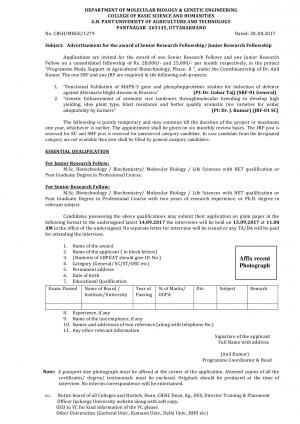 GBPUAT Recruitment 2017, JRF and SRF Vacancies at College Of Basic Science and Humanities