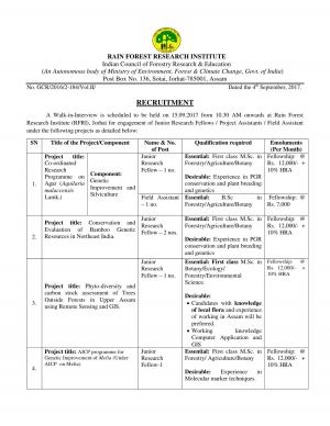 RFRI Recruitment 2017 for 8 JRF, Field Assistant and Project Assistant Posts